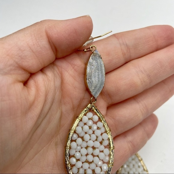 Druzy Stone White Beaded Cats Eye Drop Earrings - Picture 4 of 8